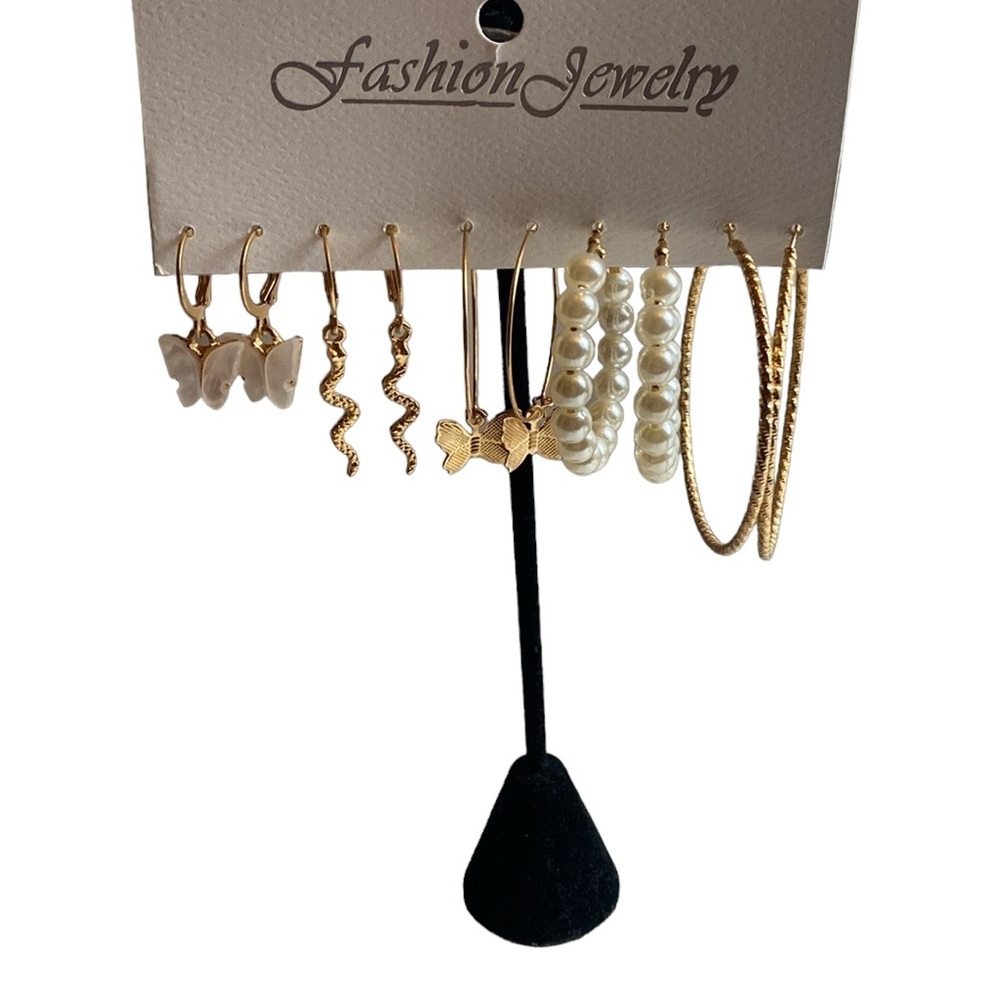 5 Pairs Fashion Gold Hoop Earrings Acrylic Pearl Punk Snake & Butterflies